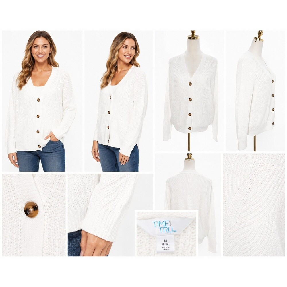 Time and Tru White Button Up Cardigan Sweater for Womens Medium